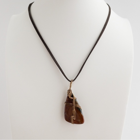 Large Agate Stone Pendant Necklace Copper Wire Wrap Natural Semi Precious NWT - Picture 8 of 12